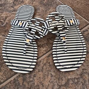 Tory Burch Miller Striped Patent Leather Logo Thong Sandals- Blue/White, 5.5M